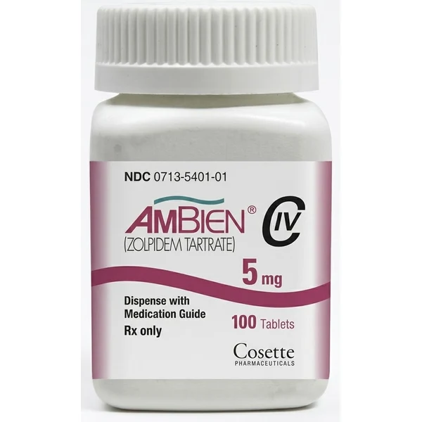 Ambien 5mg (zolpidem tartrate) bottle of 100 tablets by Cosette Pharmaceuticals Ambien 5mg (zolpidem tartrate) bottle of 100 tablets by Cosette Pharmaceuticals